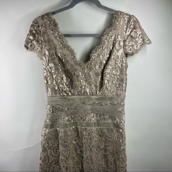 Tadashi Shoji 6 Gold Sequin Lace Floral Sheer Cocktail Party MOB Dress Paillette - Picture 2 of 12